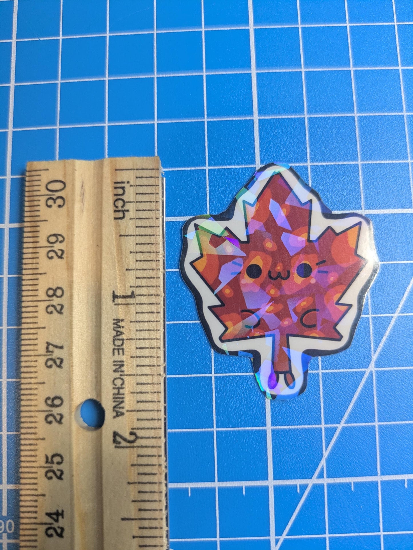 Kawaii Fall Leaf Sticker: Waterproof Holographic Vinyl, Handmade Art