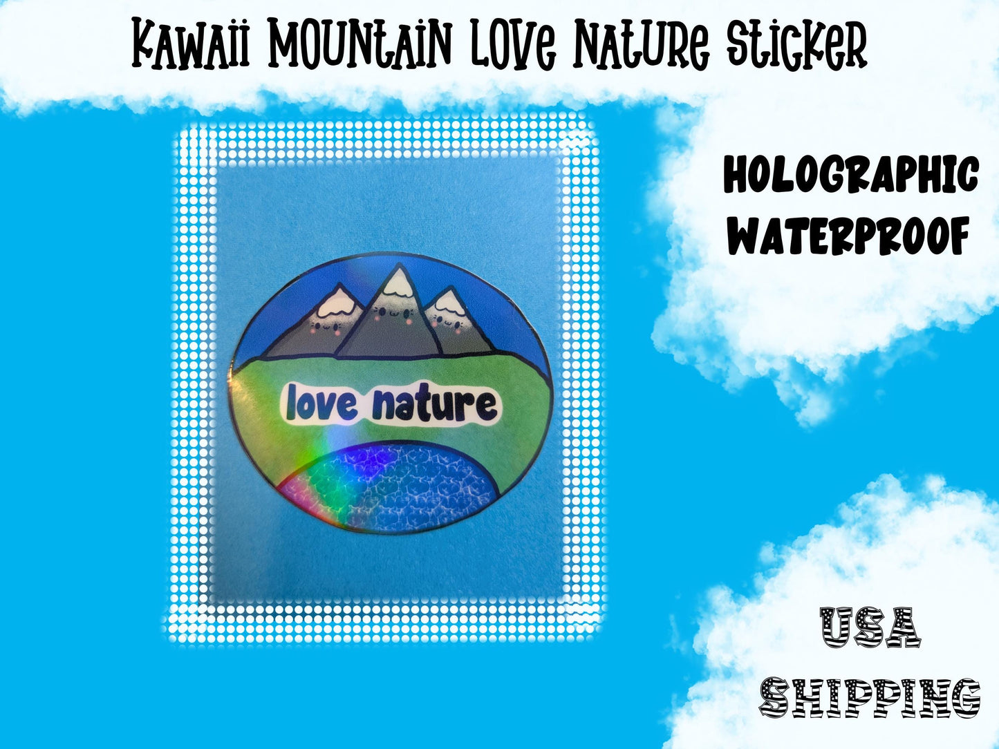 Kawaii Mountain Love Nature Sticker: Waterproof Holographic Vinyl, Handmade Art