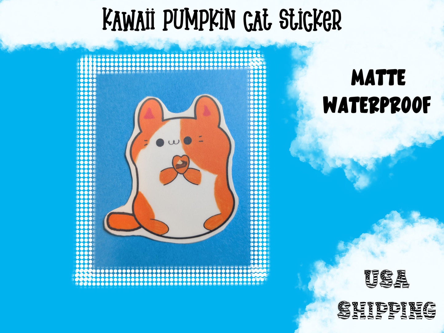 Kawaii Pumpkin Cat Sticker: Waterproof Matte Vinyl, Handmade Art