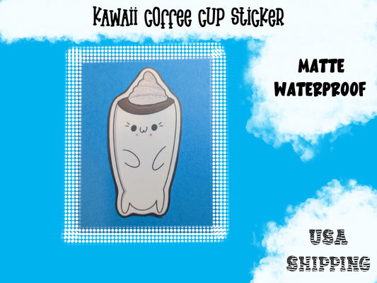 Kawaii Coffee Cup Sticker: Waterproof Matte Vinyl, Handmade Art