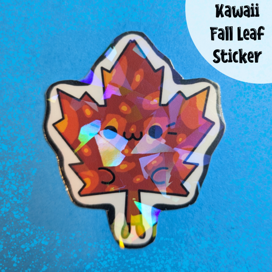 Kawaii Fall Leaf Sticker: Waterproof Holographic Vinyl, Handmade Art
