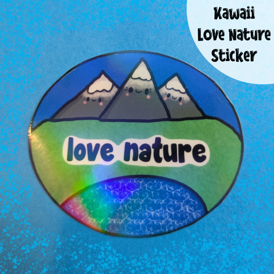 Kawaii Mountain Love Nature Sticker: Waterproof Holographic Vinyl, Handmade Art