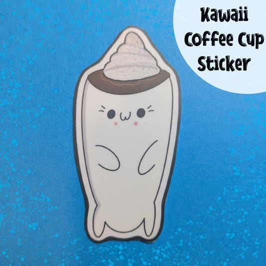 Kawaii Coffee Cup Sticker: Waterproof Matte Vinyl, Handmade Art