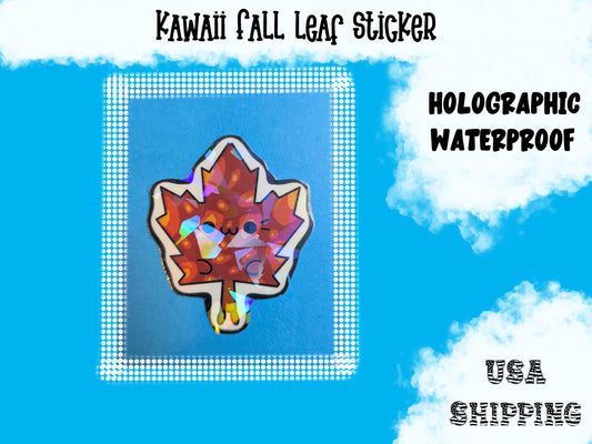 Kawaii Fall Leaf Sticker: Waterproof Holographic Vinyl, Handmade Art