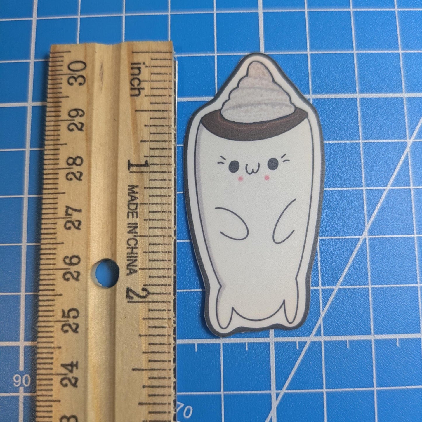 Kawaii Coffee Cup Sticker: Waterproof Matte Vinyl, Handmade Art
