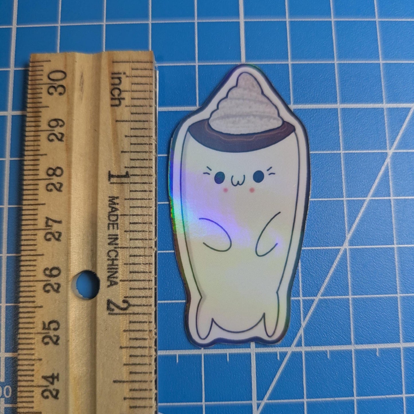 Kawaii Coffee Cup Sticker: Waterproof Holographic Vinyl, Handmade Art